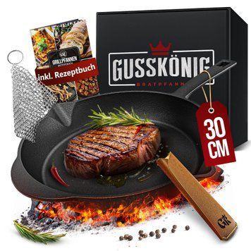 Чавунна пательня Gussk&ouml;nig 30 см + книга рецептів, очищувач, шкіряна накладка 170103 фото