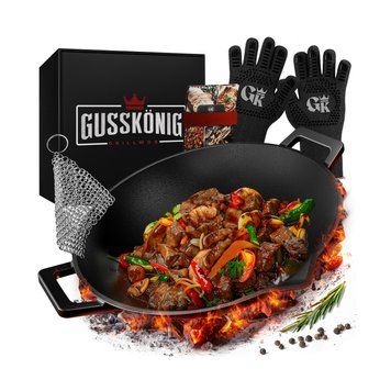Чавунна пательня WOK Gussk&ouml;nig 36 см + книга рецептів, жаростійкі рукавички, очищувач 170189 фото